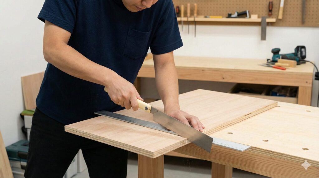 のこぎりでベニヤ板をきれいに切るコツ