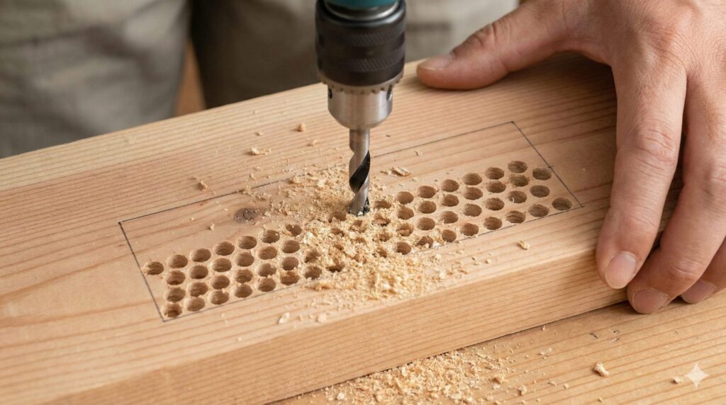 電動ドリルで穴を開けて木材をくり抜く技術