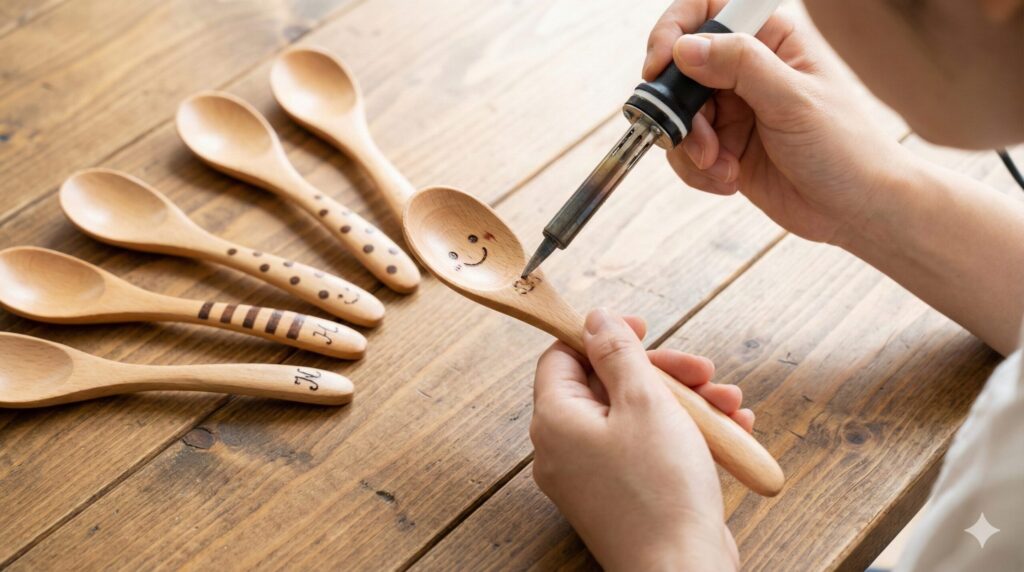 木製スプーンへの名入れや可愛い図案の描き方