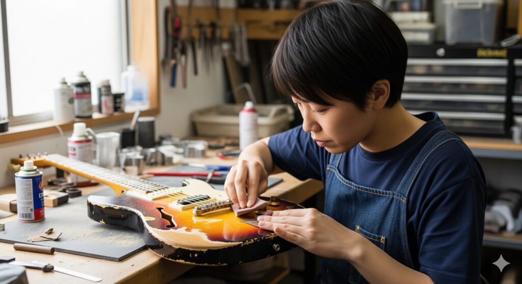 ギター レリック加工にサンドペーパーで風合いを出す