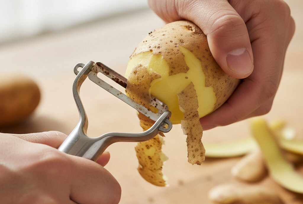 切れ味の悪いピーラーでじゃがいもの皮を剥こうとして、皮が途中でちぎれてしまっている様子