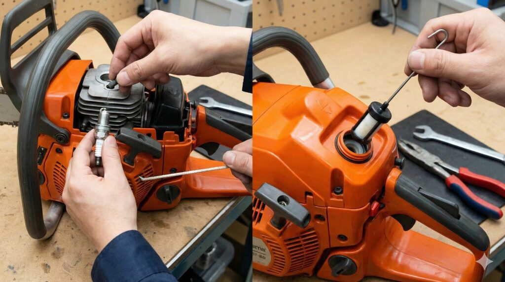 点火プラグの火花と燃料フィルターの点検