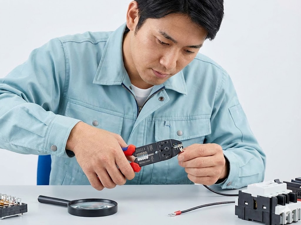 0.75の端子圧着工具による精密な施工手順