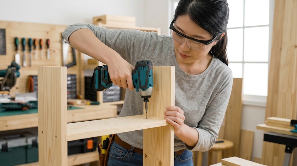 小さな木製の棚をインパクトドライバーで組み立てる日本人女性。DIY初心者向けの軽量モデル。