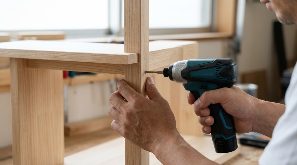 コンパクトな電動インパクトドライバーを使って木製家具を組み立てるDIYの様子