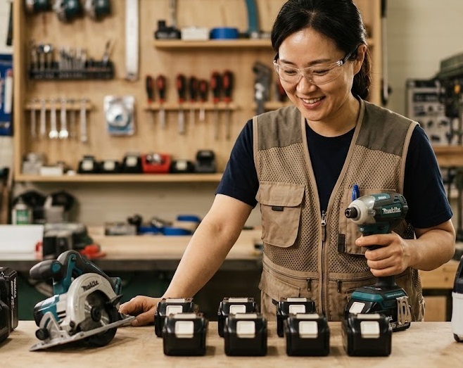 作業台に並ぶ共通バッテリーと丸ノコ・集じん機などの電動工具エコシステム