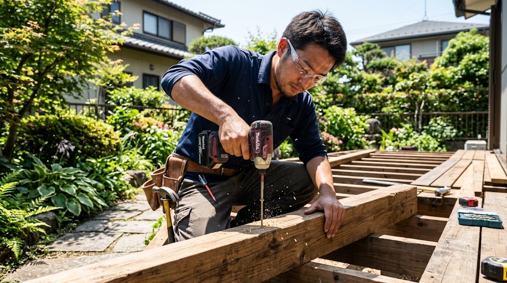屋外の庭でウッドデッキの角材に長いコーススレッドを打ち込む男性作業者と強力なインパクトドライバー