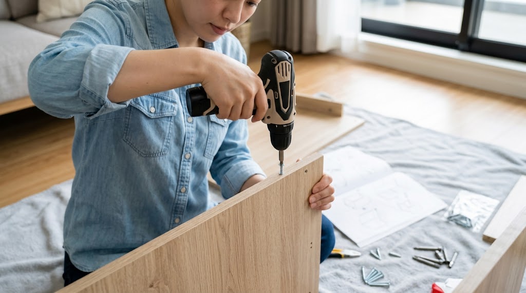 家具を組み立てる日本人女性が、コンパクトなドリルドライバーでネジを締める様子。木製パネルを左手で支え、右手で工具を垂直に保ち、集中して作業している。背景には未組み立てのパーツや取扱説明書が広げられている。