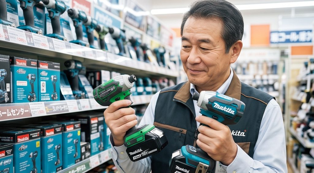 ホームセンターでマキタのDIY用(ライトバッテリー)とプロ用(18V)インパクトドライバーを比較検討する日本人男性