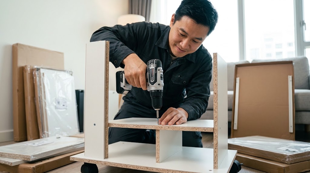 充電式ドリルドライバーを使ってカラーボックスを組み立てているアジア人男性。棚板を固定する作業が効率的に進んでいる。