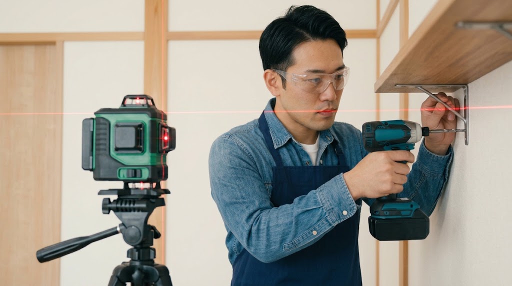 レーザー墨出し器とプロ用インパクトドライバーで壁に棚を取り付ける日本人男性