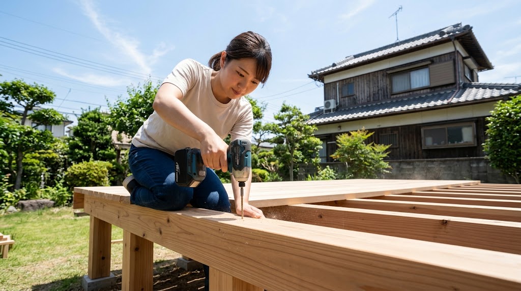 屋外のウッドデッキ製作で高出力インパクトドライバーを使い長いビスを打ち込む作業風景