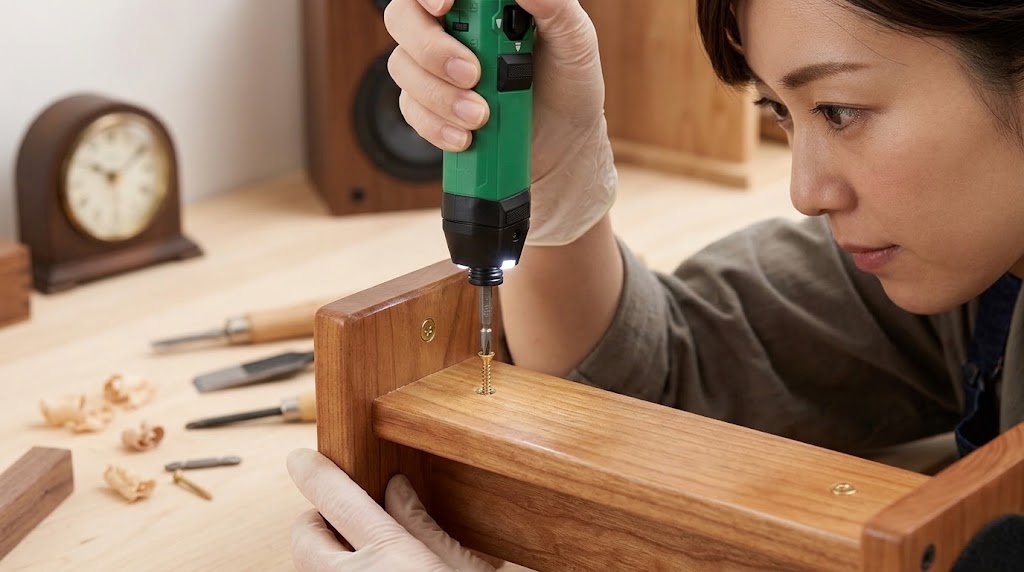 繊細な木工DIY作業で、ペンインパクトドライバーをガン形状（ピストル型）で使用する女性の手元。内蔵LEDライトが真鍮製の小さなビスを照らし、正確な締め付けを行う様子。
