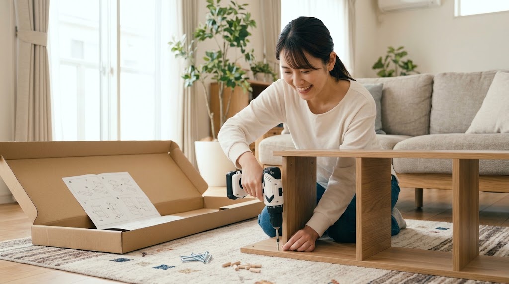 リビングルームで小型電動ドライバーを使い組み立て家具を作る日本人女性