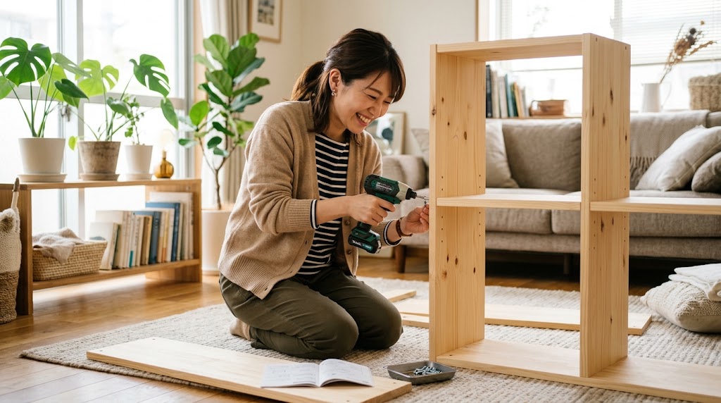 リビングの床で充電式インパクトドライバーを使い木製ラックを組み立てる日本人女性のDIY風景