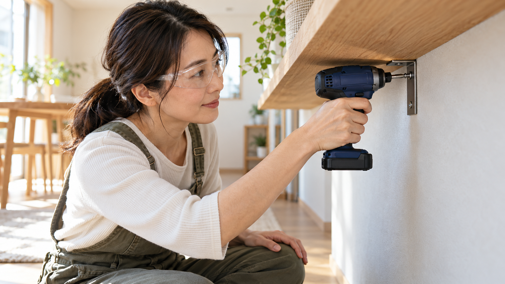 日本人女性が棚下の狭いスペースで小型コードレスインパクトドライバーを使う様子
