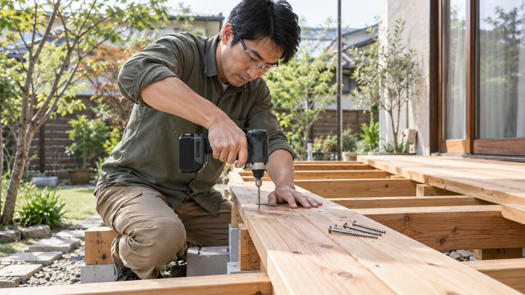 屋外でコードレスインパクトドライバーを使い木製ベンチを組み立てる男性