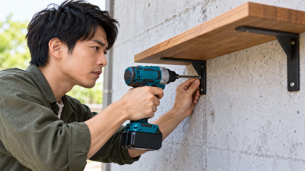 コンクリート壁に電動ドライバーを使って木製棚の金具を取り付けるDIY作業