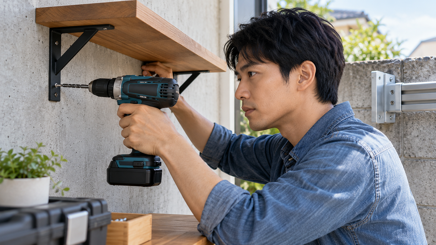 コンクリート壁に電動ドライバーを使って木製棚の金具を取り付けるDIY作業