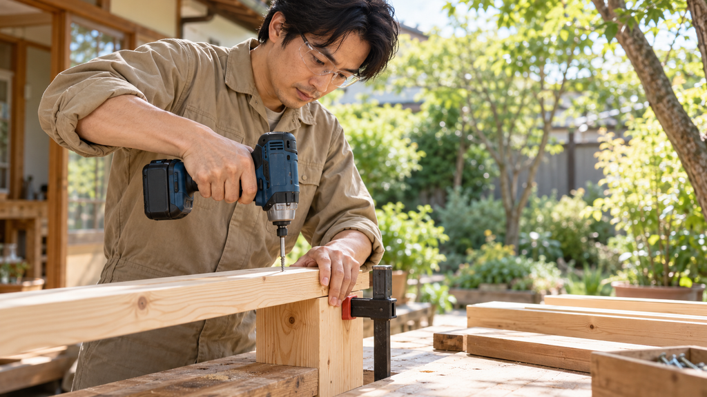 日本人男性がコードレスインパクトドライバーを使って木材に長いネジを締める様子