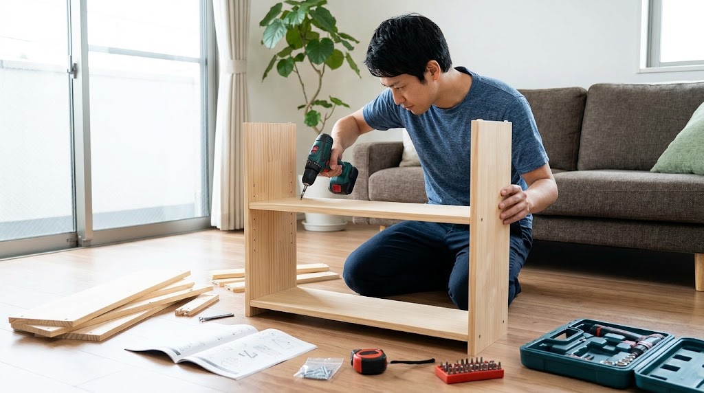 日本の自宅リビングで、アジア人男性が電動ドリルドライバーを使って木製の棚を組み立てる様子