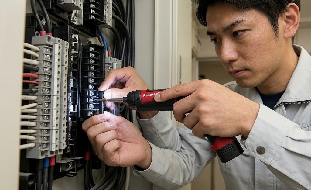狭い配電盤の端子台でペン型ドリルドライバーを使用して作業する日本人電気工事士
