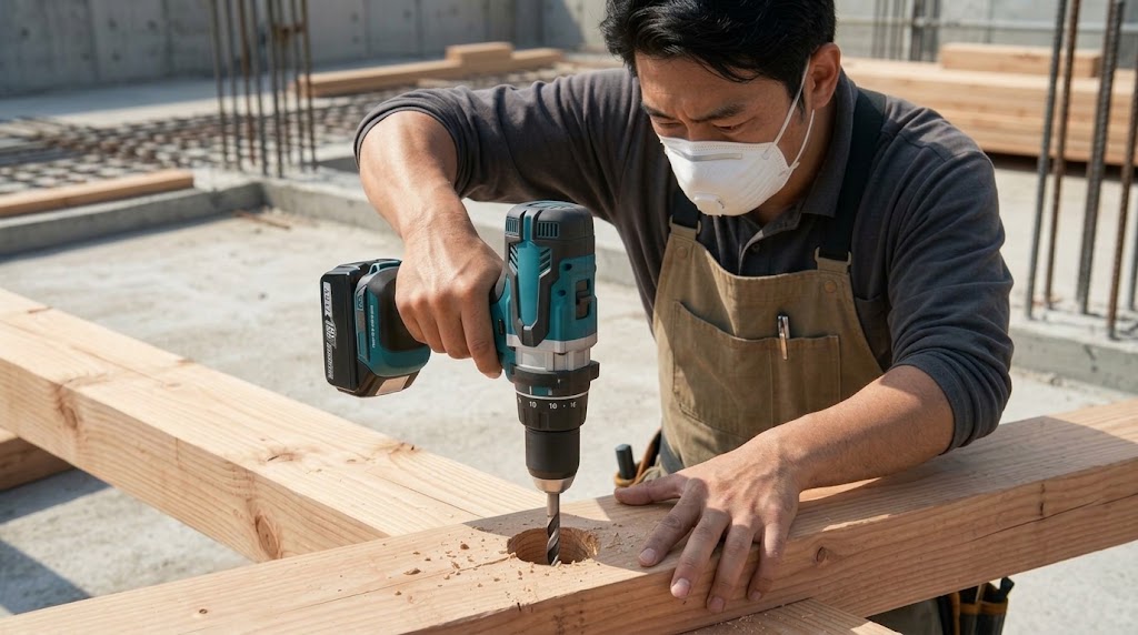 建築現場にて、マキタのハイパワー18Vドリルドライバーで、日本人職人が厚い木材に大径の穴を開けている。