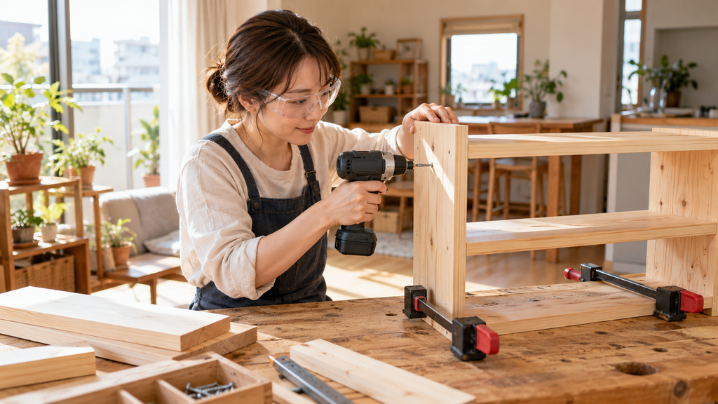 保護メガネをかけた女性がインパクトドライバーで木製棚のビスを締める様子