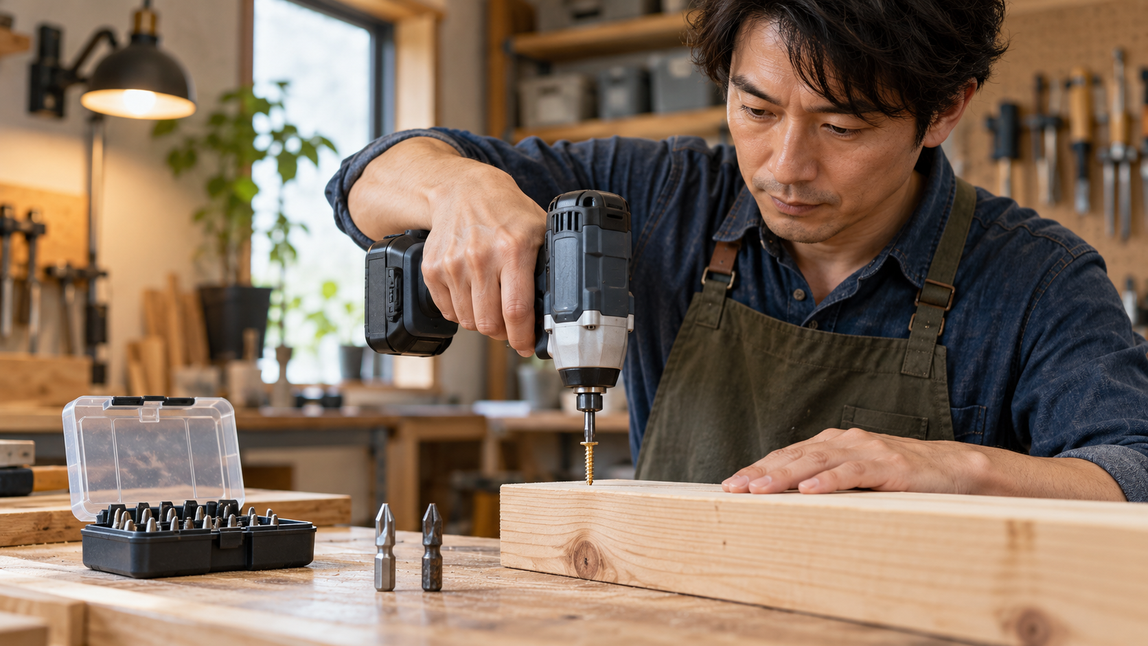 日本人男性がインパクトドライバーをまっすぐ保持して木材にビスを締める様子