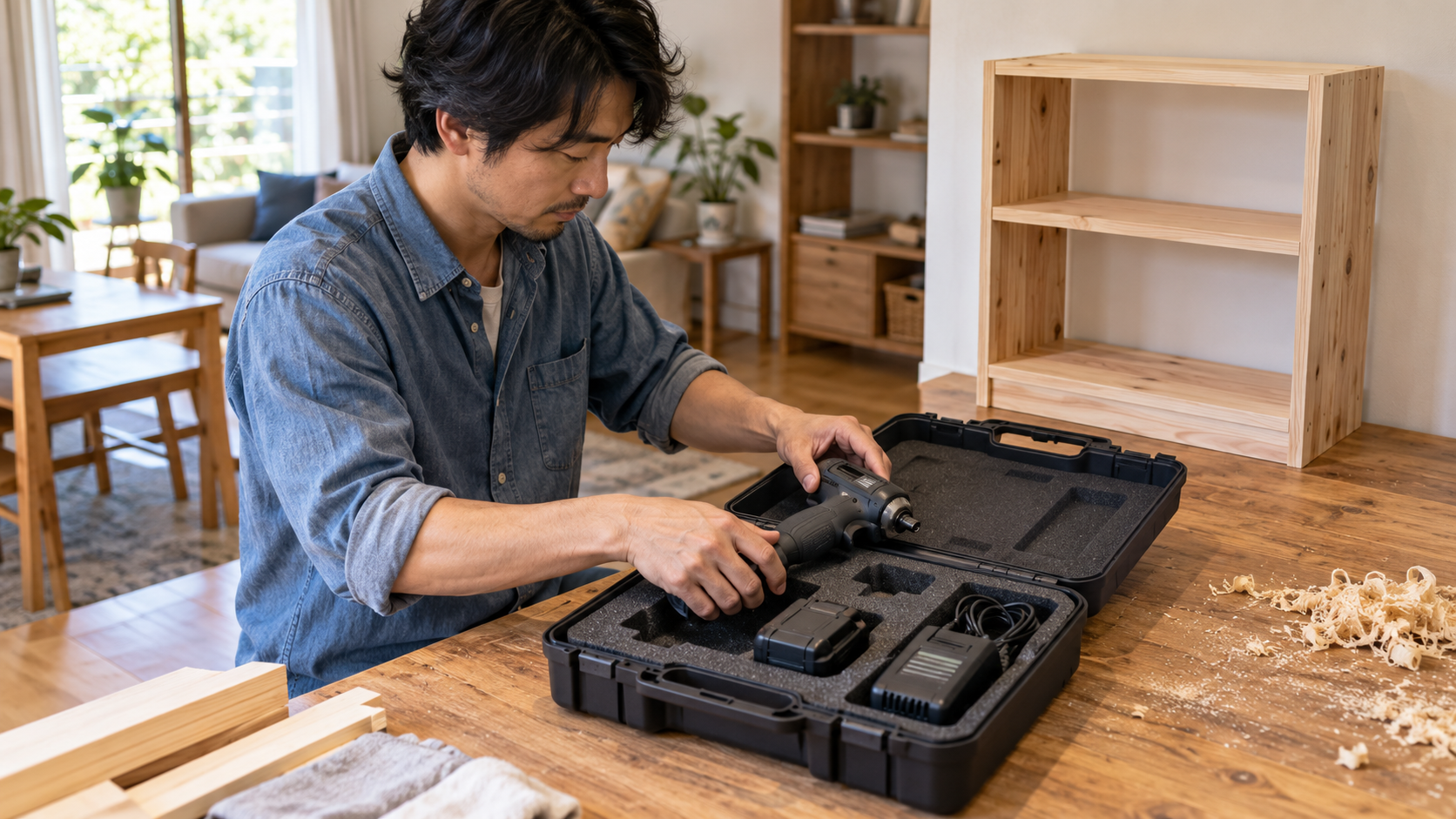 木製棚の組み立て後にインパクトドライバーを収納ケースへ戻す男性