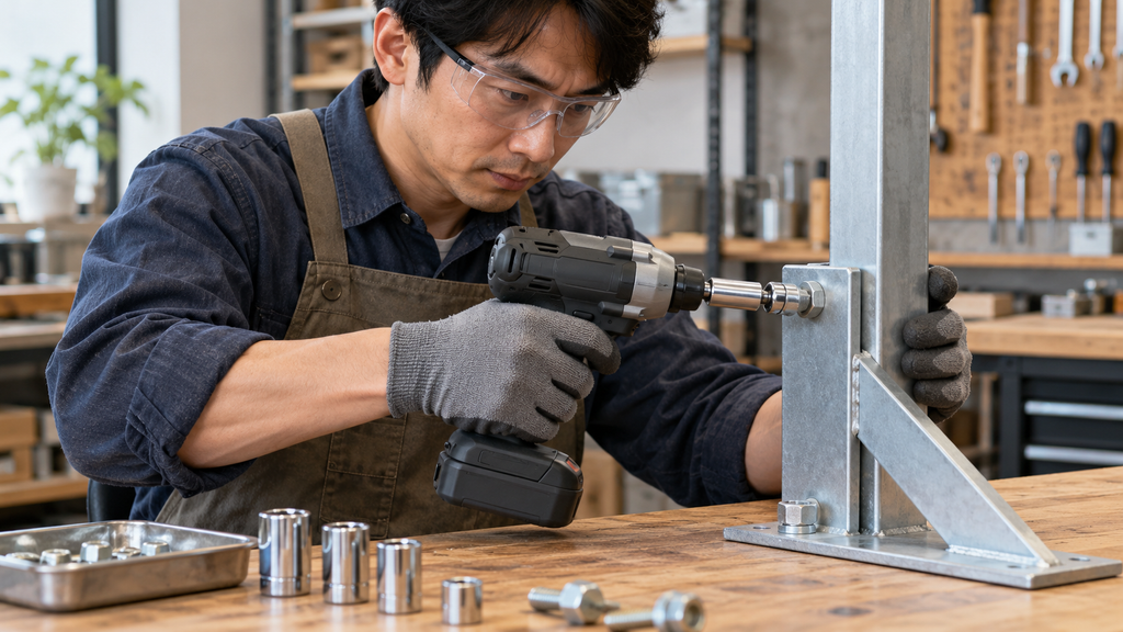 保護メガネを着用した作業者がソケット付きインパクトドライバーで金属支柱のナットを回す様子