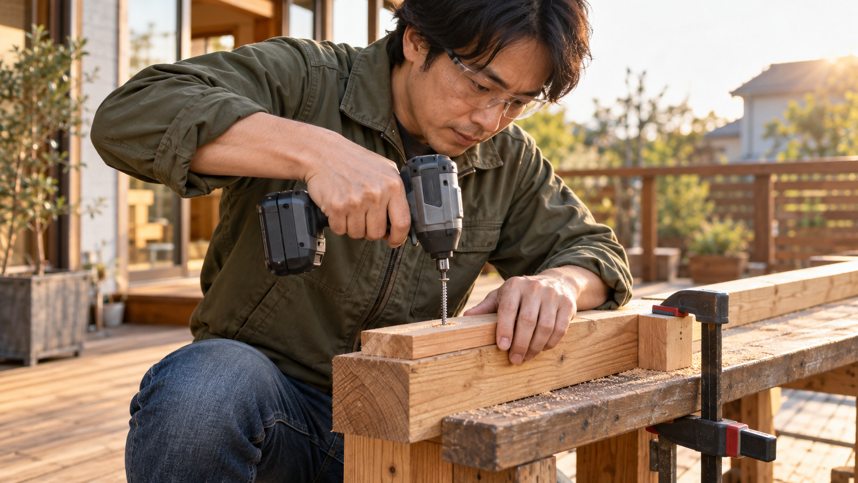 保護メガネを着用した男性がインパクトドライバーで木材に長いビスを締め付ける様子