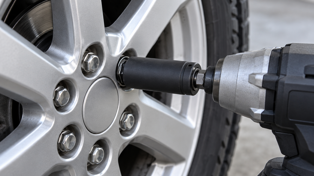 車のホイールナットに黒いソケットを装着したインパクトレンチの接写