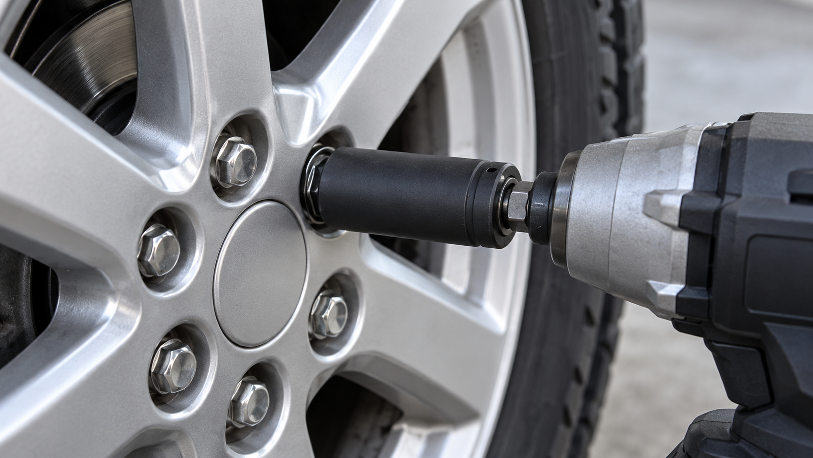 車のホイールナットに黒いソケットを装着したインパクトレンチの接写