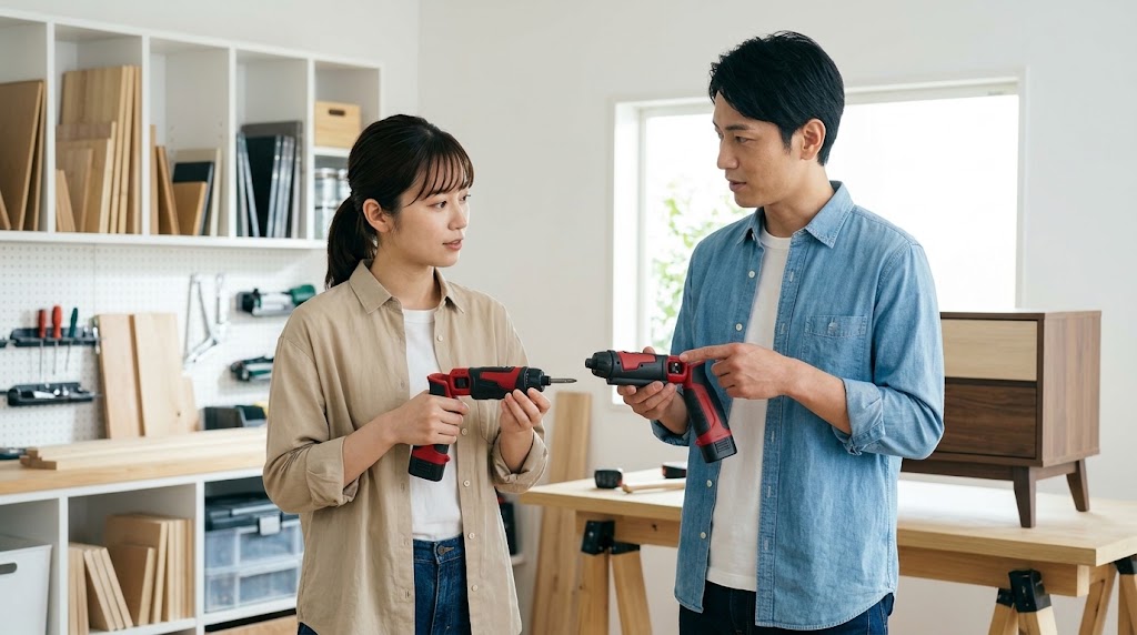DIYの作業場で用途に合わせてペン型ドリルドライバーの選び方を相談する日本の男女