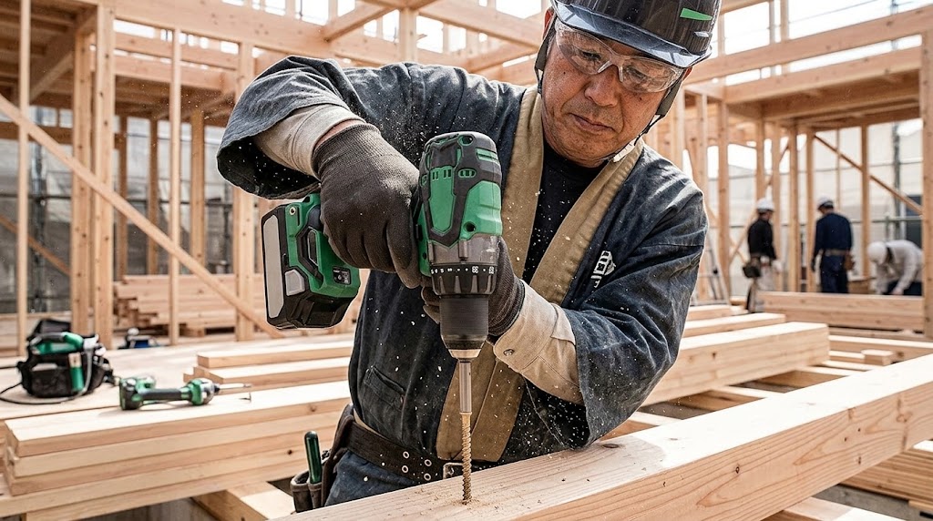 建設現場で、作業着とヘルメットを着用した日本人男性が、 rugged なハイコーキ風電動ドリルを使って、太い木の梁に長いネジを打ち込む様子。粉塵が舞う中、真剣な表情で作業している。