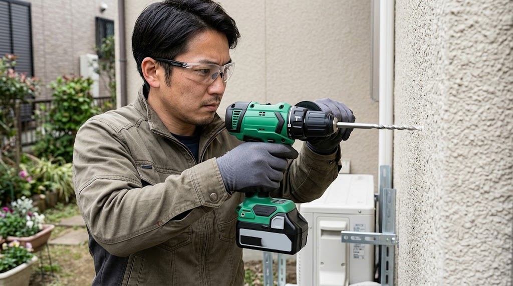屋外で、安全メガネを着用した日本人男性が、強力なハイコーキ風振動ドリルドライバーを使って、家のモルタル外壁に下穴を開ける様子。サイドハンドルを使い、しっかりと保持している。背景にはエアコンの室外機がある。