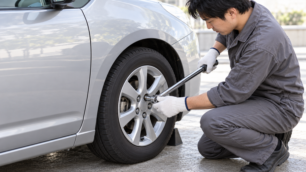 車のホイールナットにトルクレンチを装着し、締め付け作業を行う男性