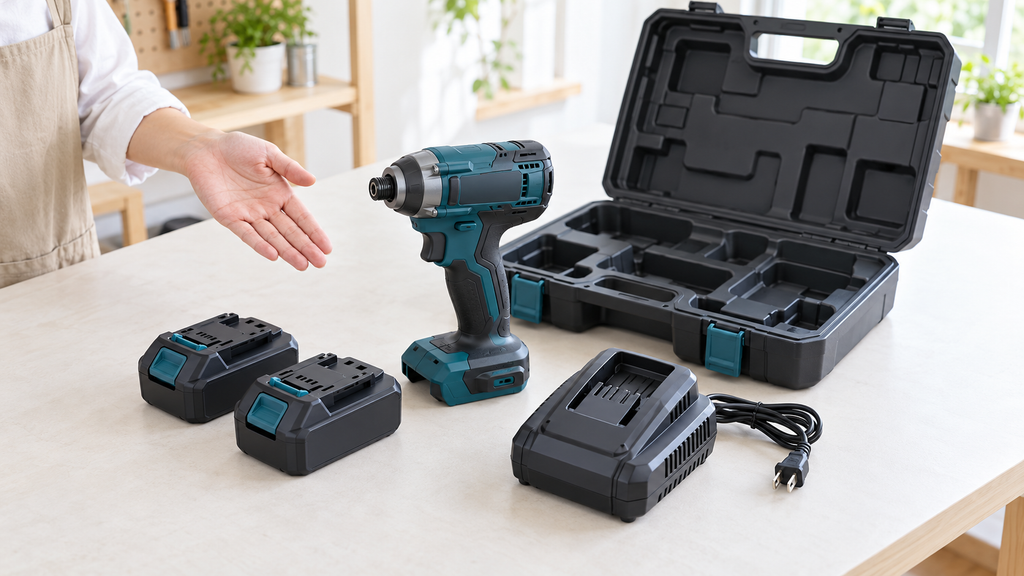 新品の充電式インパクトドライバーとバッテリー2個、充電器、収納ケースを並べたセット構成