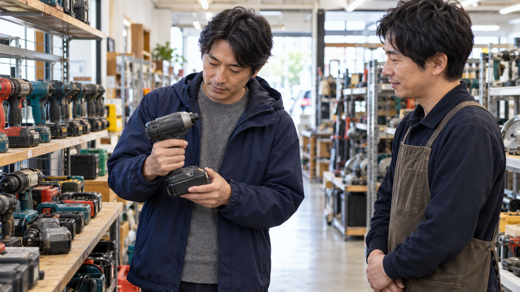 中古工具店で購入者がインパクトドライバーを手に取り、店員とともに状態を確認する様子